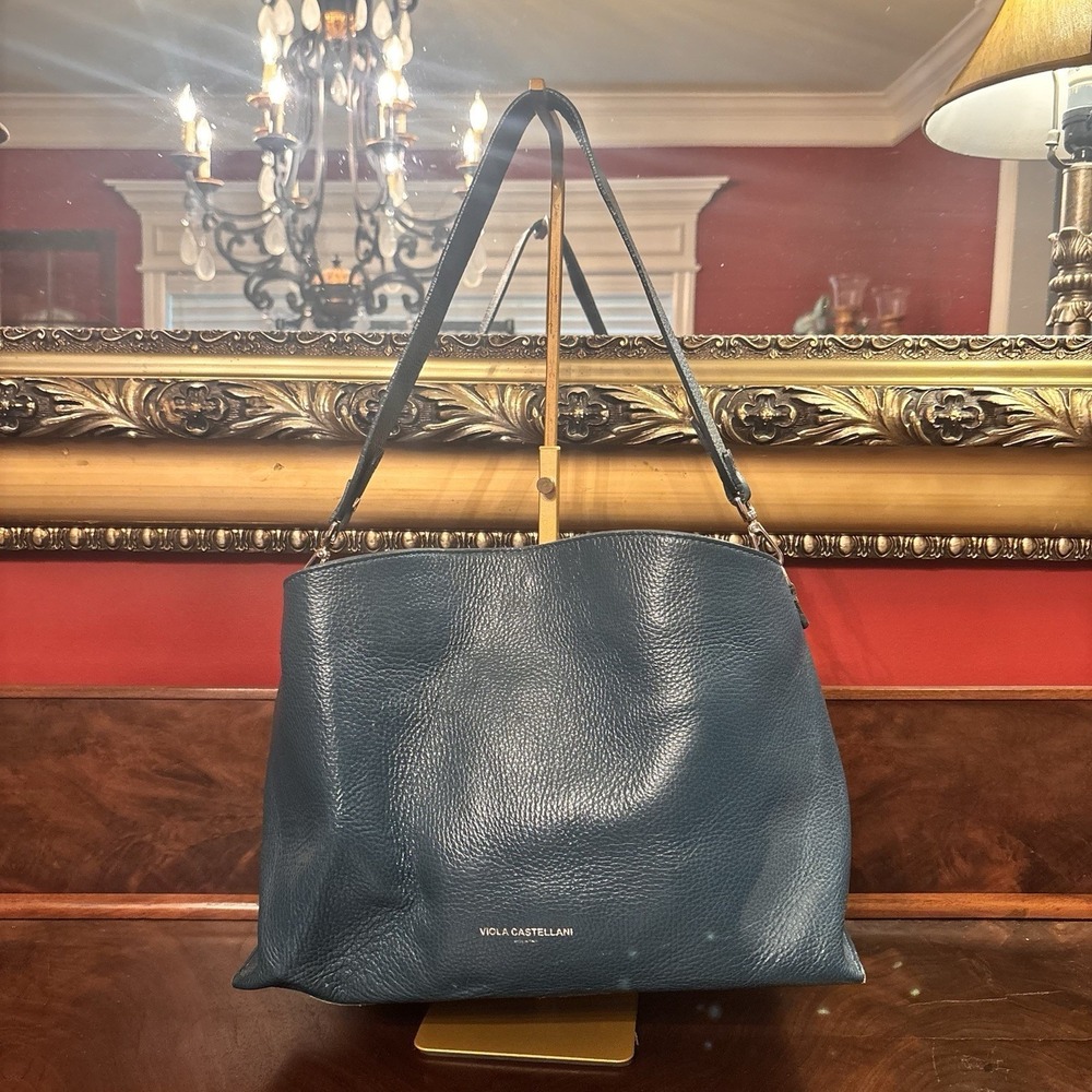 Viola Castellani Italy Pebbled Leather Shoulder Bag Teal Blue Large Tote Purse